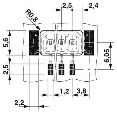 'Technický výkres elektrického konektora, zobrazuje rozmery a vzdialenosť kontaktov. Rozmery: 5,6x6,05 mm. Kontaktné body viditeľné dole.'
