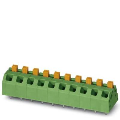Zelený viacpólový konektor so žltými pákami na vrchu, vhodný pre elektronické prepojenia.