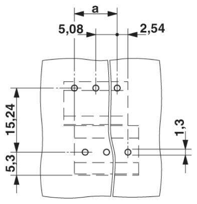 Technický výkres súčiastky s rozmermi. Hore: šírka 'a', 5,08 mm. Stred: rozstup otvorov 2,54 mm. Vľavo: celková výška 15,24 mm.