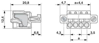 Technický výkres konektora s rozmermi: 20,8 x 12,4 x 6,6 mm vľavo; vpravo s vzdialenosťami a veľkosťami kontaktov.