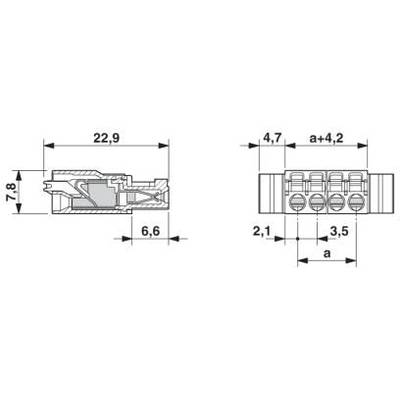 Technický výkres elektrického konektora s rozmermi: dĺžka 22,9 mm, šírky 4,7 mm a 7,8 mm.