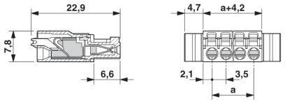 Technický výkres konektora s rozmermi: 22,9, 7,8, 6,6, 4,7, 2,1, 3,5 a a+4,2 mm. Priečny rez a pohľad zhora.