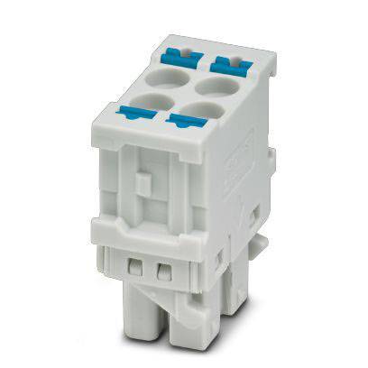 Biela plastová elektrická spojka so štyrmi modrými konektormi, vhodná pre elektrické zapojenie.