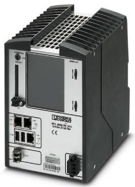 Priemyselný kontrolér s ethernetovými portami a displejom, používaný na riadenie strojov v priemyselných prostrediach.