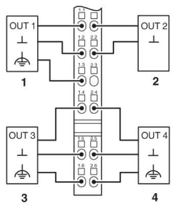 Schéma zapojenia elektrotechnického systému so štyrmi výstupmi (OUT 1-4). Prepojenia a číslovanie svoriek sú viditeľné.