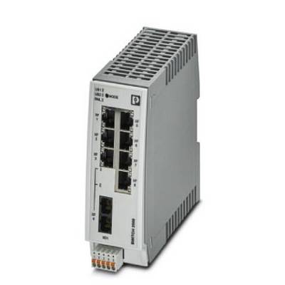 Sivý priemyselný sieťový switch s ôsmimi ethernetovými portami, namontovaný na DIN lište. Vhodný pre priemyselné použitie.