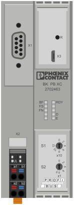 Elektrický modul od Phoenix Contact s prípojkami a ovládacími prvkami, model BX PB XC 2702463; indikátory prevádzkového stavu.