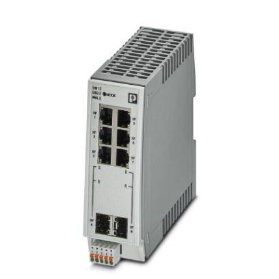 Sivé ethernetové sieťové zariadenie s ôsmimi sieťovými portami a dvoma napájacími konektormi, používané v priemyselných sieťových aplikáciách.