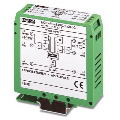 Zelený napájací modul Phoenix Contact s označením 'MCR-PS-24DC/2x24DC', zobrazujúci elektrické schémy a CE značku.