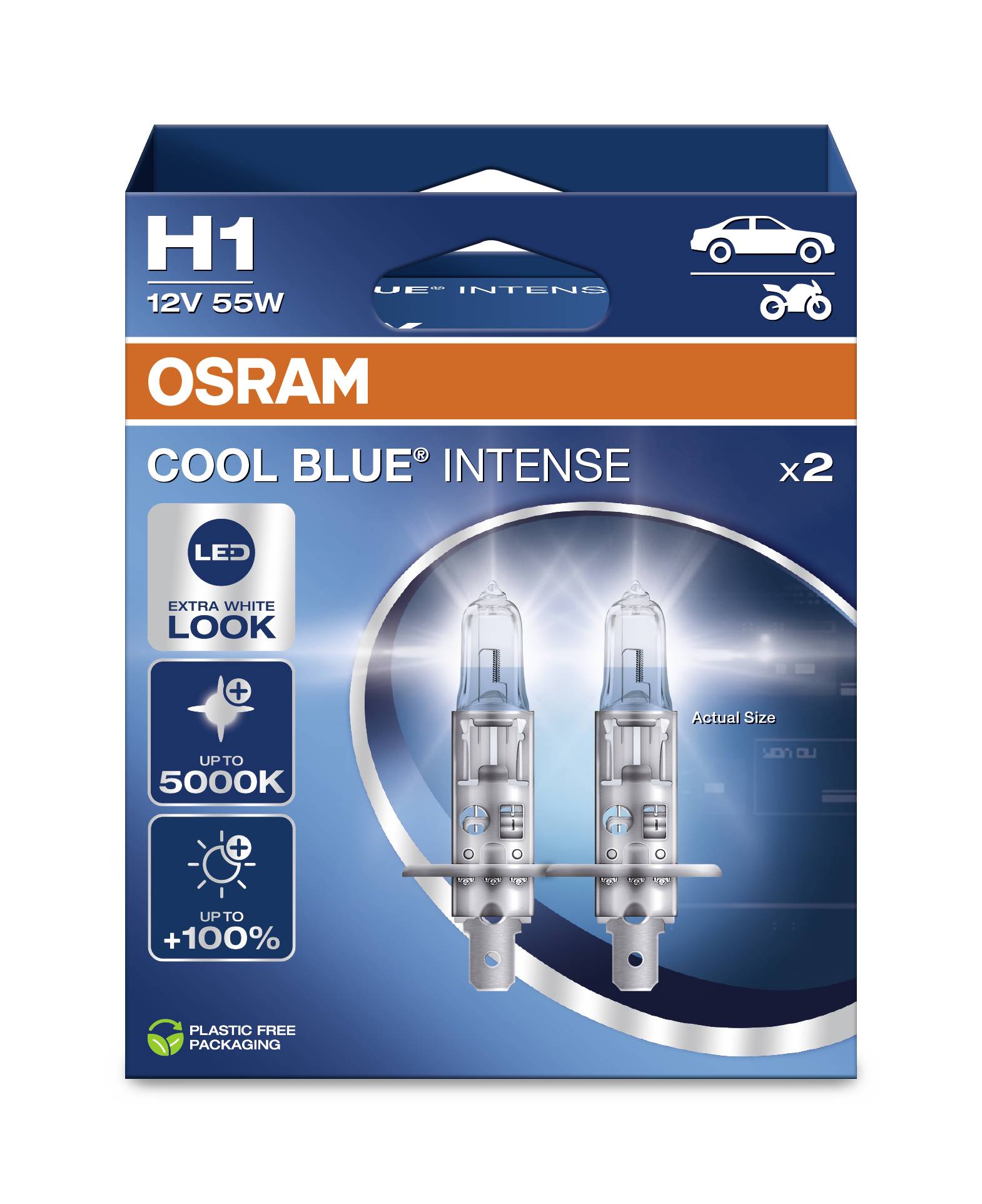 Balenie OSRAM H1 12V 55W žiaroviek, obchodná značka 'COOL BLUE' zvýraznená. Obsahuje dve biele žiarovky s teplotou farby 5000K.