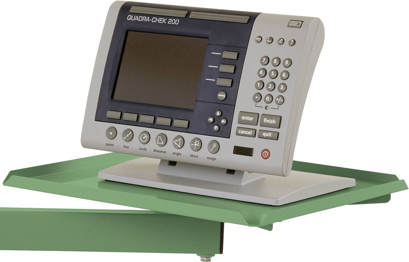 Elektronické meracie zariadenie s displejom a tlačidlami, nazvané 'QUADRA-CHEK 200', namontované na zelenej podstavci.