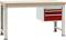 Stabilný pracovný stôl s dreveným povrchom a červeným zásuvkovým kontajnerom na pravej strane; vhodný pre dielenske práce.