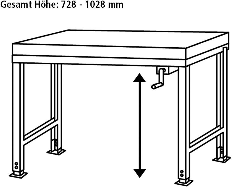 Výškovo nastaviteľný stôl s kľukou. Celková výška: 728 - 1028 mm.