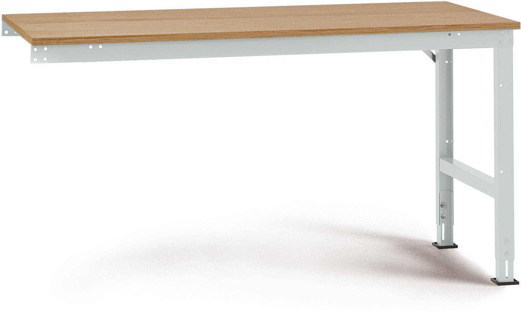 Obdĺžnikový stôl s drevenou doskou a bielymi kovovými nohami. Moderný, minimalistický dizajnový štýl, vhodný do kancelárií alebo pracovní.