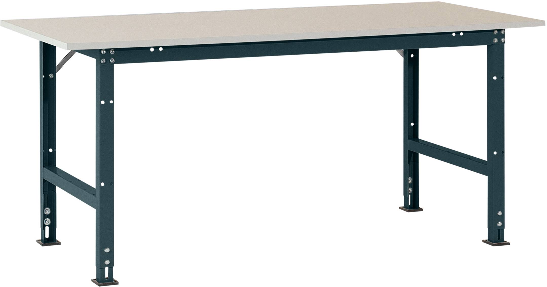 Obdĺžnikový stôl so sivou stolovou doskou a čiernou kovovou konštrukciou.