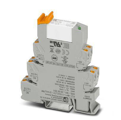 Sivý, zasunuteľný elektronický modul s oranžovými detailmi a popiskami. Disponuje viacerými konektormi a zeleným indikátorom.