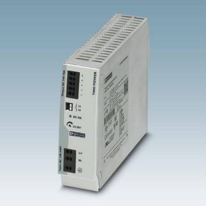 Sivý, obdĺžnikový napájací zdroj na DIN lištu s nápisom 'Trio Power' a konektormi pre priemyselnú elektroniku.