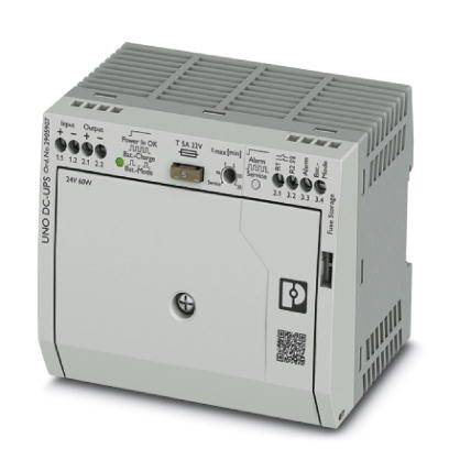 Priemyselný DC-UPS modul s LED indikátormi a pripojovaciou svorkovnicou, model: UNO DC-UPS. Indikačné prvky pre stav batérie a alarm.