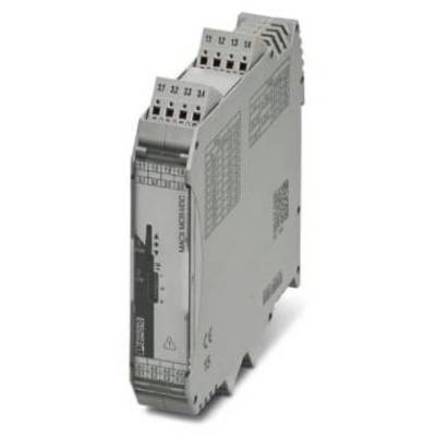 Šedé, modulárne elektronické zariadenie určené na montáž na DIN lištu. Má niekoľko pripájacích svoriek a označený predný panel.