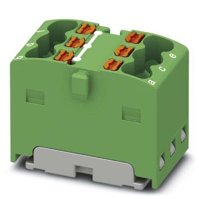 Zelený elektrický rozvádzač s viacerými svorkami, vhodný pre priemyselné elektrické prepojenia a rozvodné skrine.