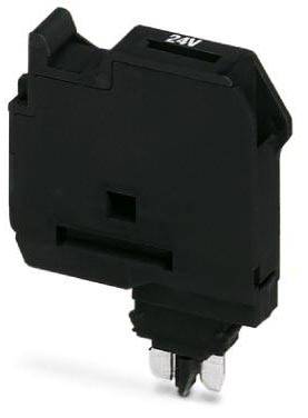 Čierny elektrický modul s nápisom 24V, pravdepodobne súčasť väčšieho elektrického systému alebo spínača.