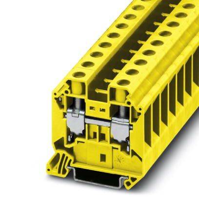 Žltý elektrický svorkovnicový blok s viacerými káblovými prípojkami, vhodný pre priemyselné aplikácie na prepojenie elektrických vedení.