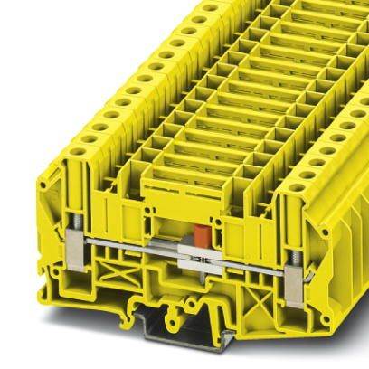 Žltý elektrický rozvodný blok s viacerými pripojovacími možnosťami, bočný rez odhaľuje jeho vnútornú štruktúru a komponenty.