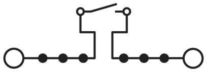 Spínací symbol jednostranného prepínača s dvoma otvorenými kontaktmi, znázornený v elektrickej schéme.