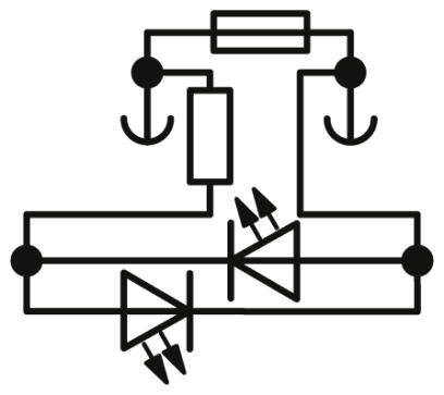 Schematická elektrotechnická schéma so schématickými elektronickými symbolmi: diódy, rezistory, vodiče a prepojenia, ktoré znázorňujú elektrický obvod.