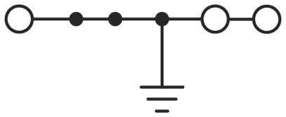Elektrické schéma anténneho zosilňovača s uzemnením. Horizontálna línia so štyrmi kruhmi a symbolom uzemnenia pod ňou.