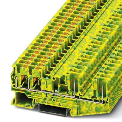 Viacpólový svorkovnicový blok v žlto-zelenej farbe určený na použitie v elektrických rozvádzačoch na štruktúrované prepojenie káblov.