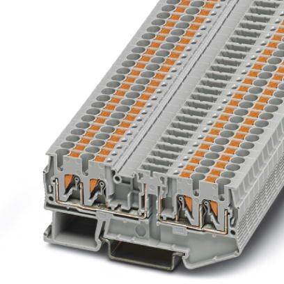 Modulárny sivý svorkovnicový blok s viacerými úrovňami a oranžovými prvkami, určený na zapojenie v priemyselnej elektronike.