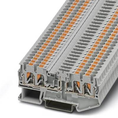 Modulárny sivý svorkovnicový blok s viacerými úrovňami a oranžovými prvkami, určený na zapojenie v priemyselnej elektronike.