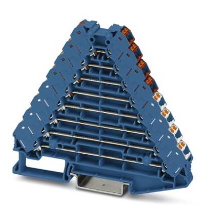Modrý, pyramídový elektrický rozvodný blok s viacerými zásuvkami. Vyvinutý pre priemyselnú kabeláž.