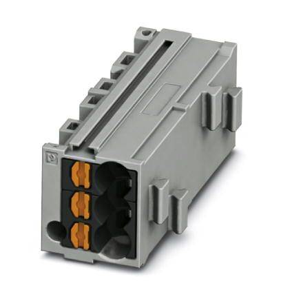 Sivý, obdĺžnikový elektrický modul konektora s tromi oranžovými vstupmi na prednej strane.