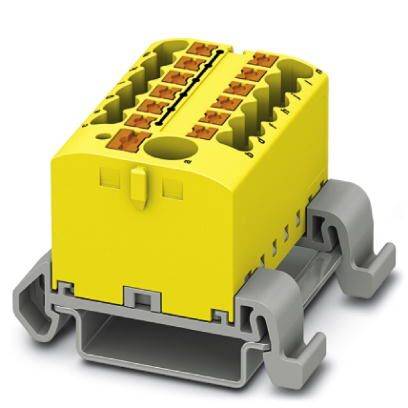 Žltý elektrický svorkovnicový blok s viacerými pripojeniami je namontovaný na sivej lište.
