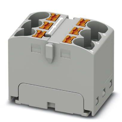 Šedý elektrický rozvodný box so šiestimi kontaktnými bodmi a oranžovými pákami, používaný na prepájanie káblov.