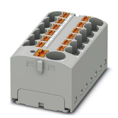 Sivý elektrický konektor s desiatimi oranžovými svorkami. Slúži na prepojenie káblov v elektrických obvodoch.