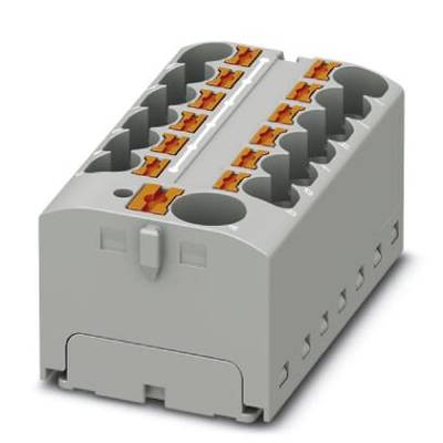 Sivý elektrický konektor s desiatimi oranžovými svorkami. Slúži na prepojenie káblov v elektrických obvodoch.