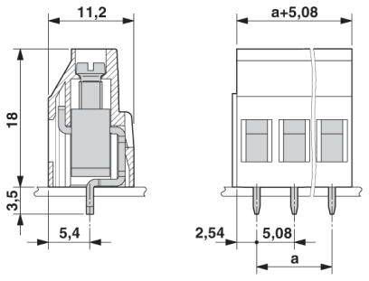 Technický výkres elektronického komponentu s rozmermi: výška 18 mm, šírka 11,2 mm, hĺbka 5,4 mm, rozstup pinov 2,54 mm a 5,08 mm.