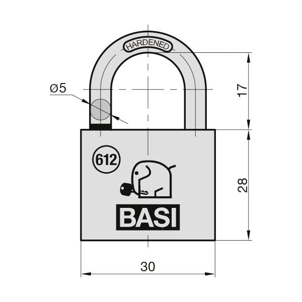 Štvorcový visiaci zámok s rozmermi 30 mm šírky a 28 mm výšky. Má logo zvieraťa a nápis 'BASI 612'.
