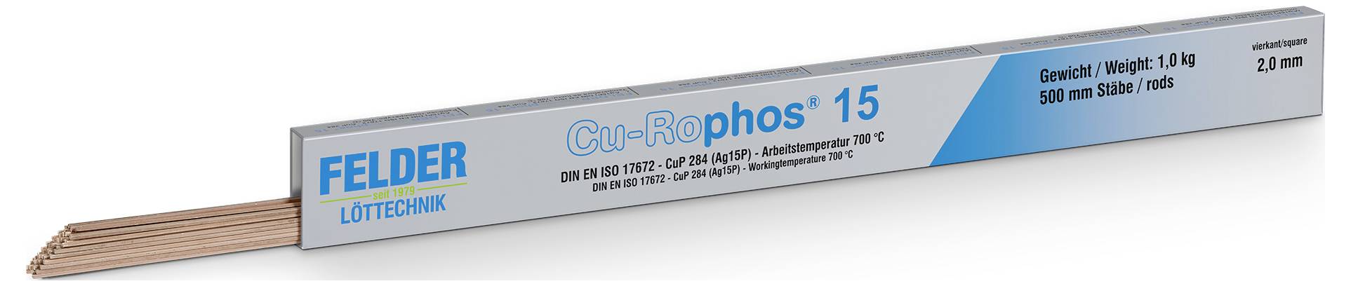 Krabica Cu-Rophos 15 spájkovacieho drôtu od FELDER Löttechnik, označená 1,0 kg, cievka 500 m, priemer 2,0 mm.