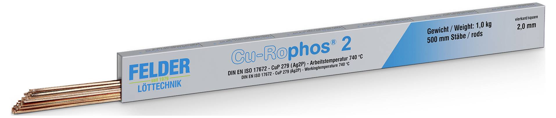 Obrázok produktu - FELDER Löttechnik Cu-Rophos 2 pájakovacie prúty v dlhom striebornom balení označenom 1,0 kg, prúty dlhé 500 mm, priemer 2,0 mm.
