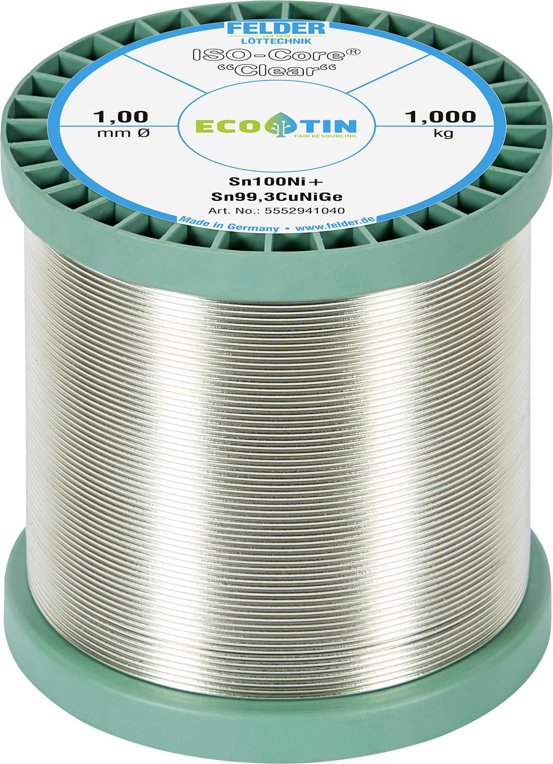 Cievka spájkovacieho drôtu na zelenej cievke, označená FELDER LOTTECHNIK ECOBIN, 1,00 mm a 1 000 kg, Sn99.3CuNiGe