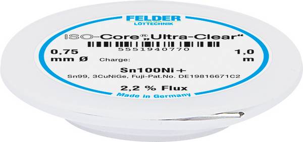 Felder ISO-Core "Ultra-Clear" Sn100Ni+ spájkovací cín bez olova cievka Sn99,25Cu0,7Ni0,05   0.75 mm