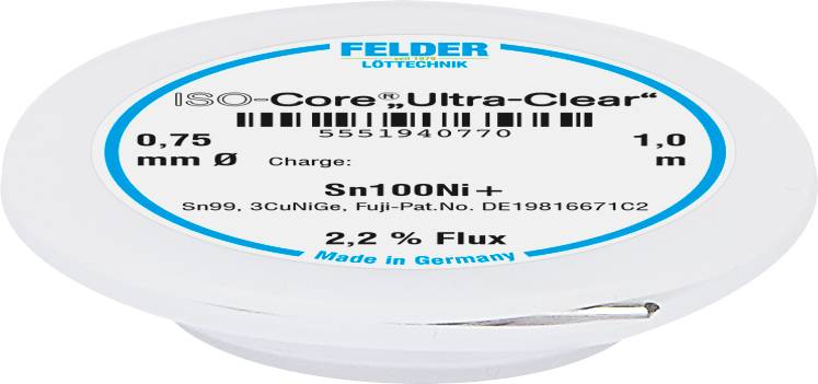 Spájkovací cín ISO-Core Ultra-Clear od Felder Löttechnik, priemer 0,75 mm, dĺžka 1 m, Sn100Ni+, 2,2 % tavidla, vyrobené v Nemecku.