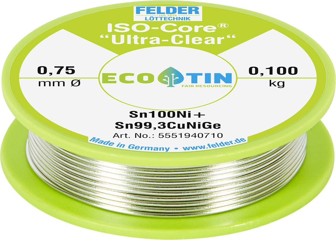 Felder Iso-Core Ultra-Clear Sn100Ni+ Soldeertin, Loodvrij Spoel Sn99, 25Cu0, 7Ni0, 05 0.100 Kg 0.75 Mm