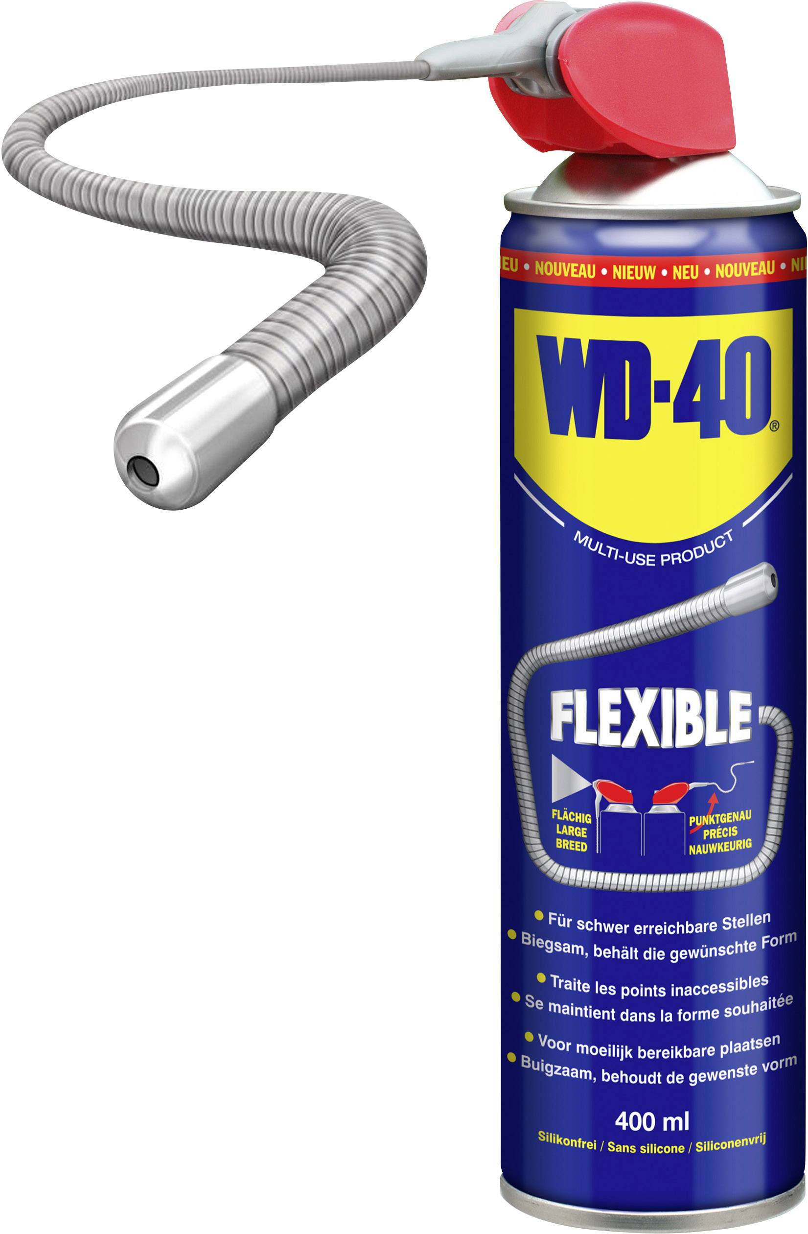 Sprej WD-40 s flexibilnou tryskou pre ťažko dostupné miesta. Červený ventil, modré etiketa s žltým logom WD-40. 400 ml.