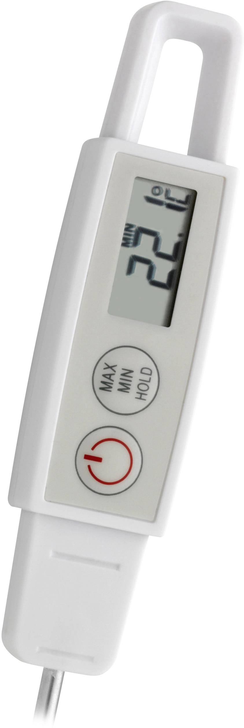 Digitálny teplomer ukazuje 32°C. Má tlačidlá pre Max, Min a Hold, ako aj tlačidlo zapnutia/vypnutia. Vhodný na meranie teploty.