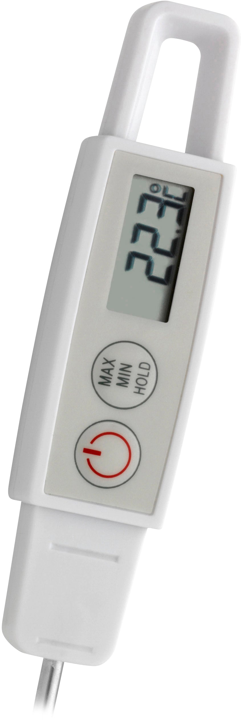 Digitálny teplomer ukazuje teplotu 22,3 stupňov Celzia. Tlačidlá pre Max/Min, podržanie a napájanie sú viditeľné.